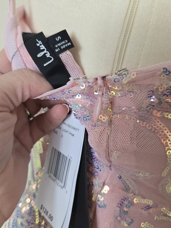 Lulus Strapless Pink Gown with Iridescent Blue Sequin Motif - Picture 3 of 3